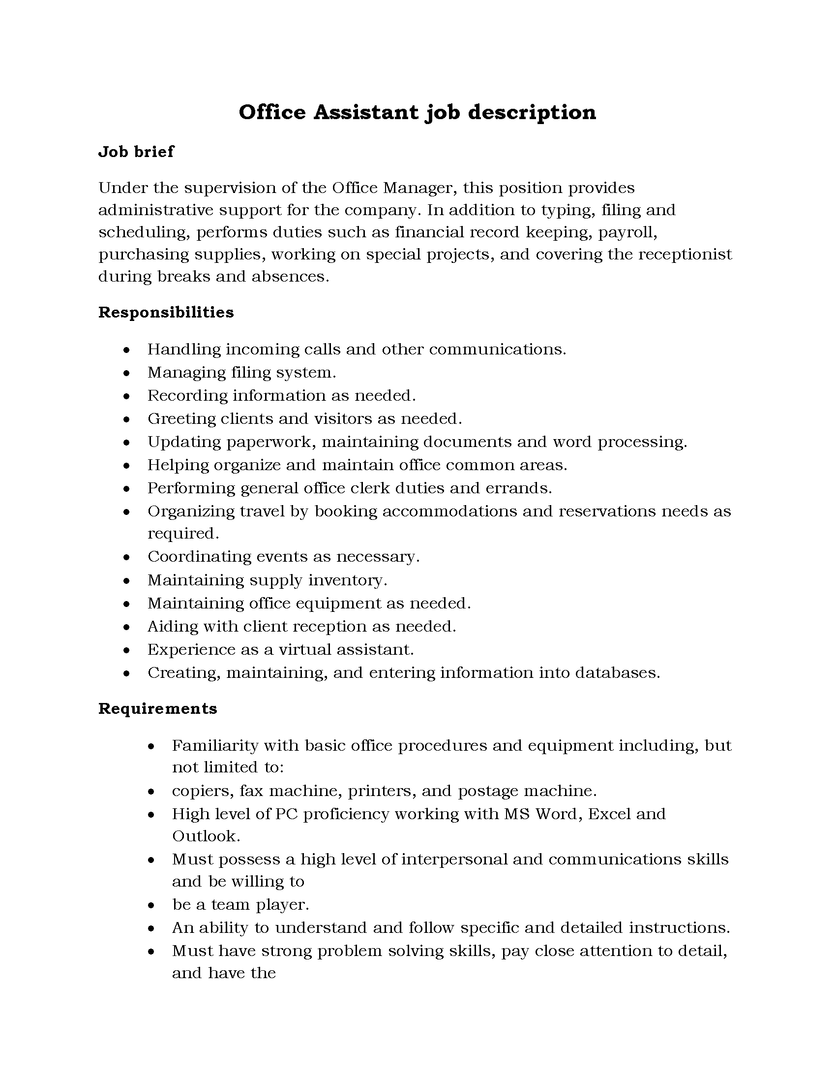 79-Office Assistant job description